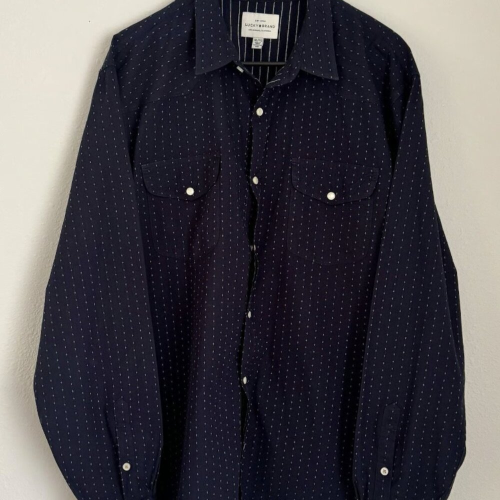 Lucky Brand Men's Xl Pearl Snap Long Sleeve Shirt Cotton Navy blue